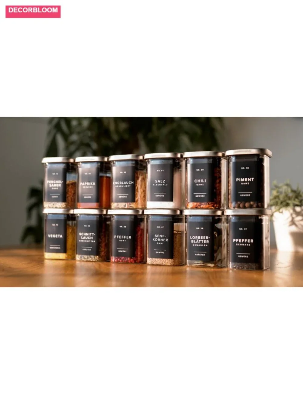 12 Square Spice Jars with Stainless Steel Lids, Funnel & 160 Labels